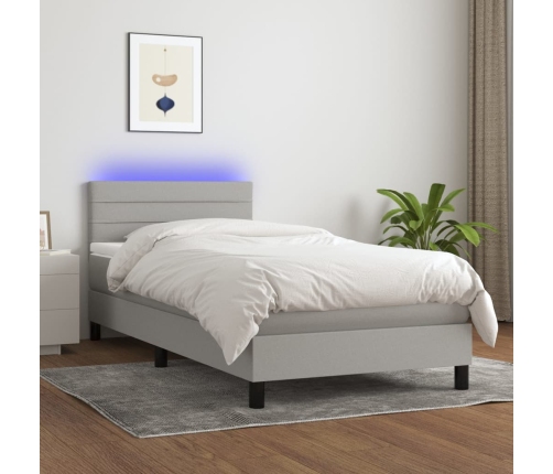 Cama box spring colchón y luces LED tela gris claro 90x200 cm