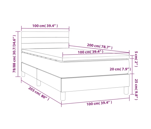 Cama box spring colchón y luces LED tela gris oscuro 100x200 cm