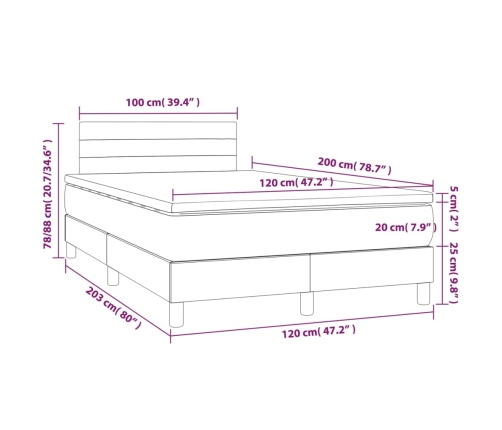 Cama box spring con colchón tela y LED gris claro 120x200 cm