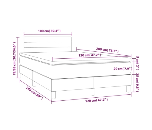 Cama box spring con colchón y LED tela marrón oscuro 120x200 cm