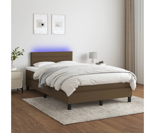 Cama box spring con colchón y LED tela marrón oscuro 120x200 cm