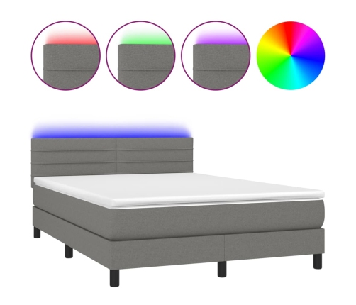 Cama box spring colchón y luces LED tela gris oscuro 140x190 cm