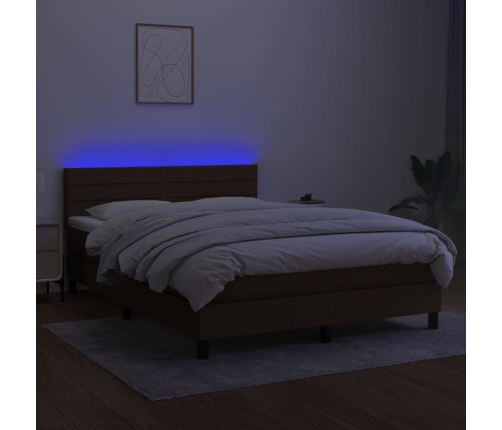 Cama box spring colchón luces LED tela marrón oscuro 140x190 cm