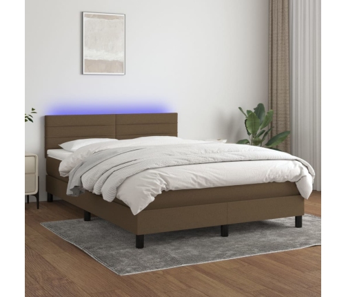 Cama box spring colchón luces LED tela marrón oscuro 140x190 cm