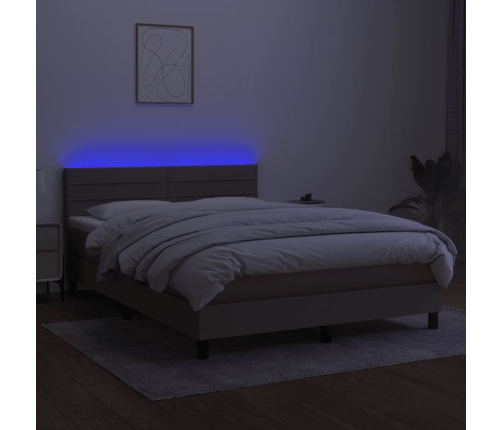 Cama box spring colchón y luces LED tela gris taupe 140x190 cm