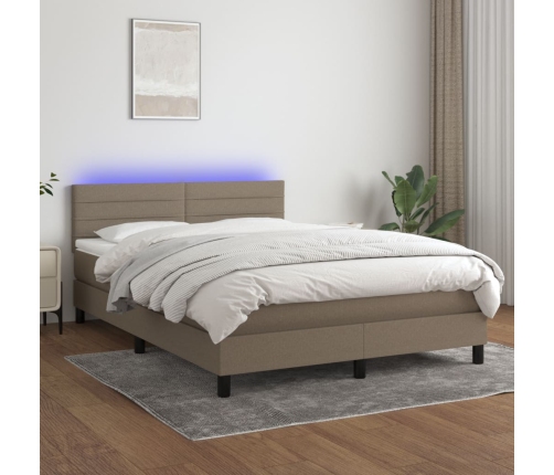 Cama box spring colchón y luces LED tela gris taupe 140x190 cm