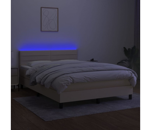 Cama box spring colchón y luces LED tela crema 140x190 cm