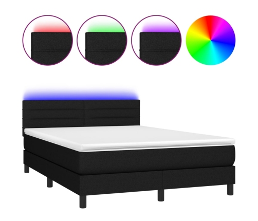 Cama box spring colchón y luces LED tela negro 140x200 cm