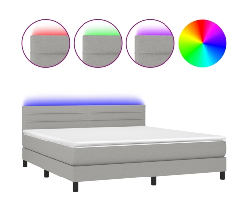 Cama box spring colchón y luces LED tela gris claro 160x200 cm