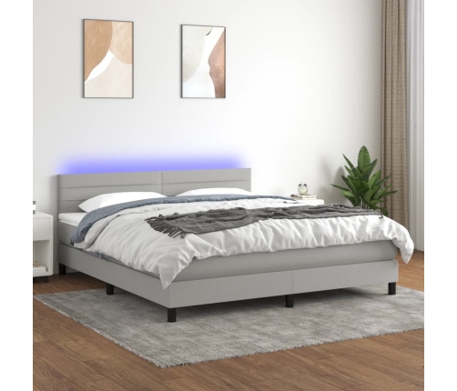 Cama box spring colchón y luces LED tela gris claro 160x200 cm