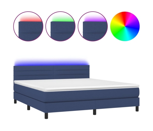 Cama box spring colchón y luces LED tela azul 180x200 cm