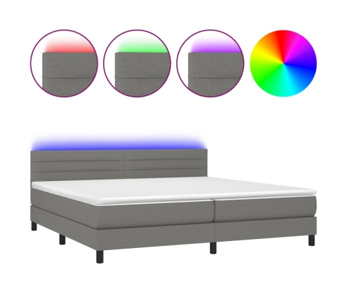 Cama box spring colchón y luces LED tela gris claro 200x200 cm