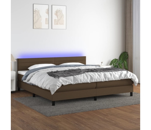 Cama box spring colchón luces LED tela marrón oscuro 200x200 cm