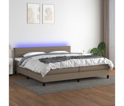 Cama box spring colchón y luces LED tela gris taupe 200x200 cm