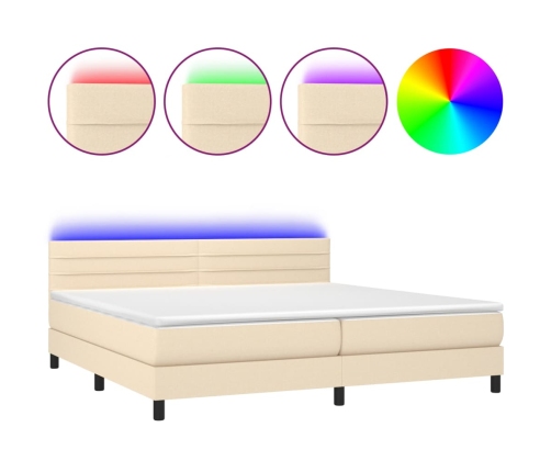 Cama box spring colchón y luces LED tela crema 200x200 cm