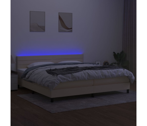 Cama box spring colchón y luces LED tela crema 200x200 cm