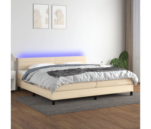 Cama box spring colchón y luces LED tela crema 200x200 cm