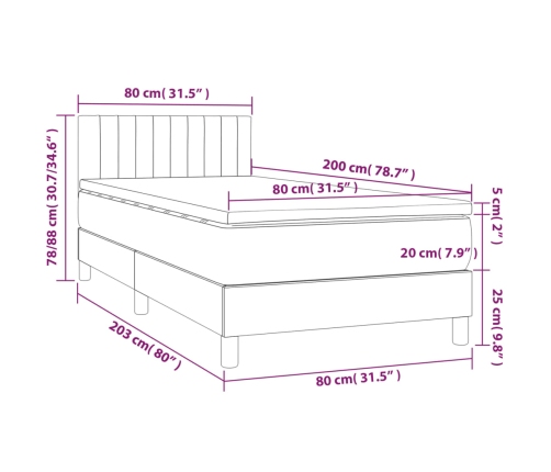 Cama box spring colchón y luces LED tela gris oscuro 80x200 cm