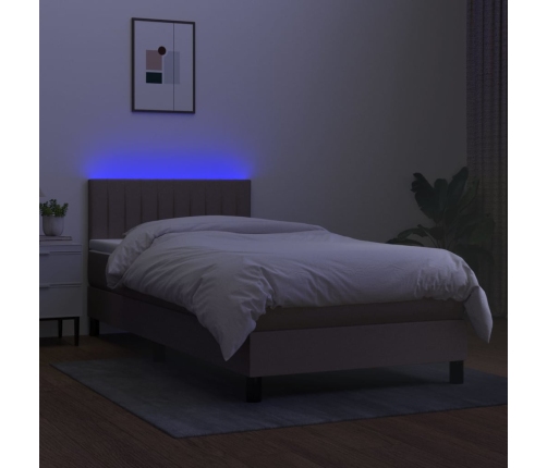 Cama box spring colchón y luces LED tela gris taupe 90x190 cm