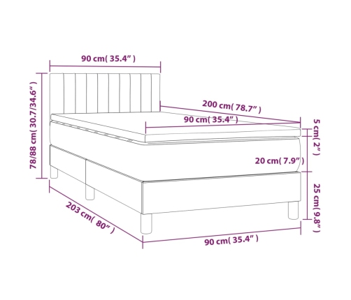 Cama box spring colchón y luces LED tela negro 90x200 cm