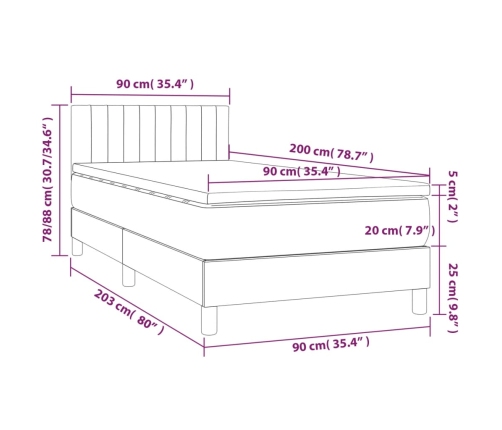 Cama box spring colchón y luces LED tela crema 90x200 cm