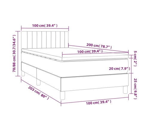 Cama box spring colchón y luces LED tela gris claro 100x200 cm