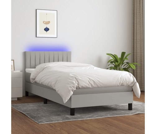 Cama box spring colchón y luces LED tela gris claro 100x200 cm