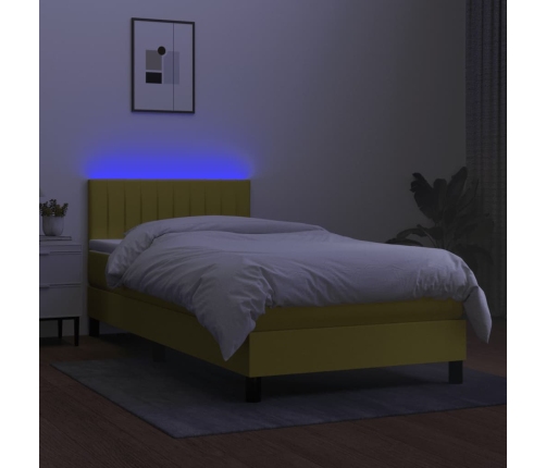 Cama box spring colchón y luces LED tela verde 100x200 cm