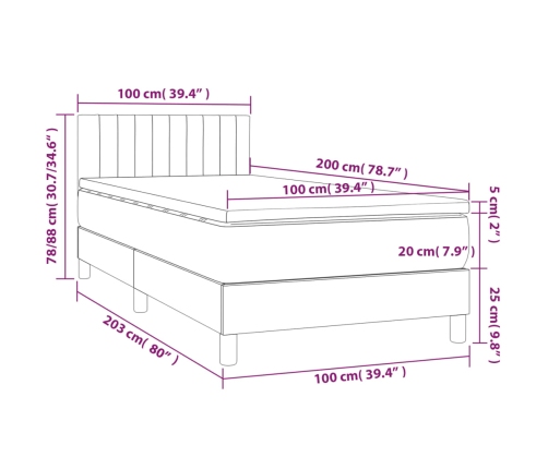 Cama box spring colchón y luces LED tela verde 100x200 cm