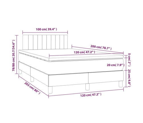 Cama box spring con colchón tela y LED gris claro 120x200 cm