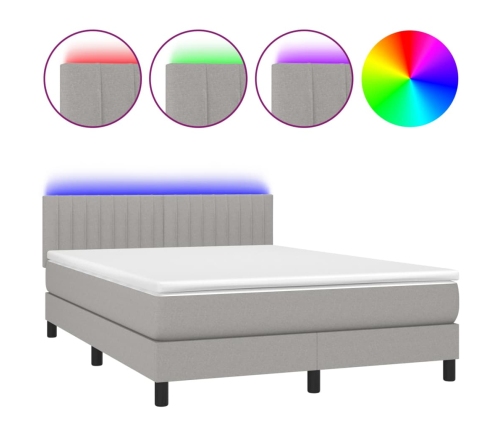 Cama box spring colchón y luces LED tela gris claro 140x190 cm