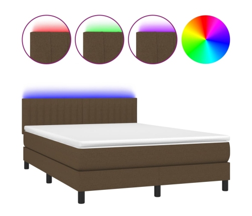 Cama box spring colchón luces LED tela marrón oscuro 140x190 cm