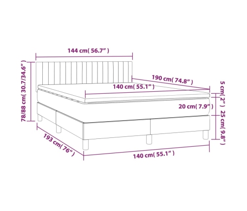 Cama box spring colchón y luces LED tela gris taupe 140x190 cm