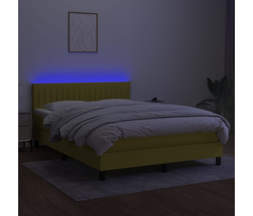 Cama box spring colchón y luces LED tela azul 140x190 cm