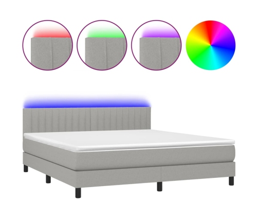 Cama box spring colchón y luces LED tela gris claro 160x200 cm