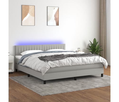 Cama box spring colchón y luces LED tela gris claro 160x200 cm