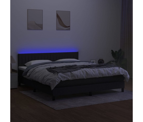 Cama box spring colchón y luces LED tela negro 160x200 cm