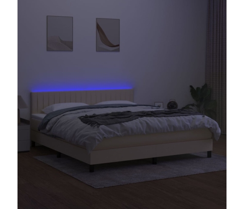 Cama box spring colchón y luces LED tela crema 160x200 cm