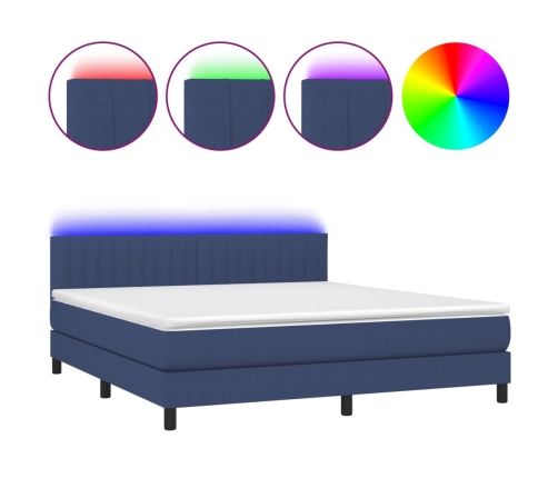 Cama box spring colchón y luces LED tela azul 160x200 cm