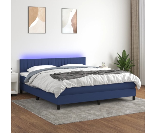 Cama box spring colchón y luces LED tela azul 160x200 cm