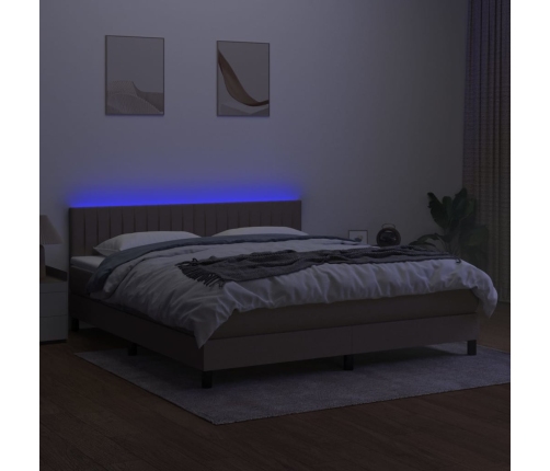 Cama box spring colchón y luces LED tela gris taupe 180x200 cm