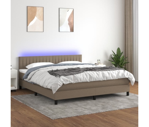 Cama box spring colchón y luces LED tela gris taupe 180x200 cm