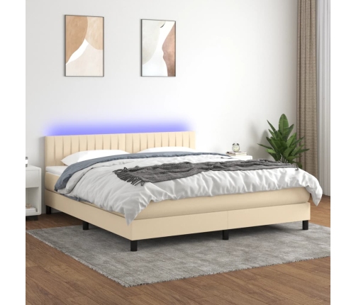 Cama box spring colchón y luces LED tela crema 180x200 cm