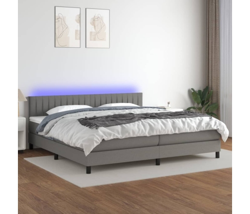 Cama box spring colchón y luces LED tela gris claro 200x200 cm