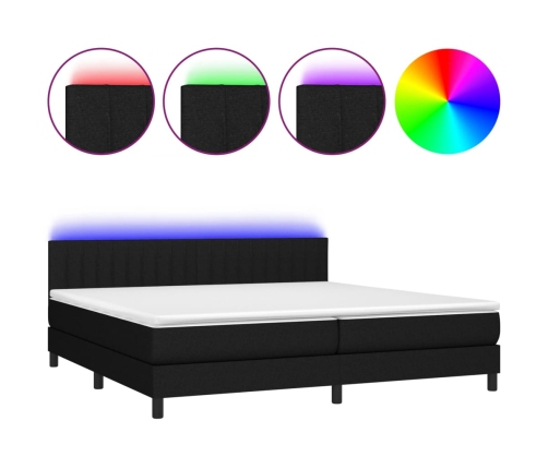 Cama box spring colchón y luces LED tela negro 200x200 cm