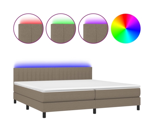 Cama box spring colchón y luces LED tela gris taupe 200x200 cm