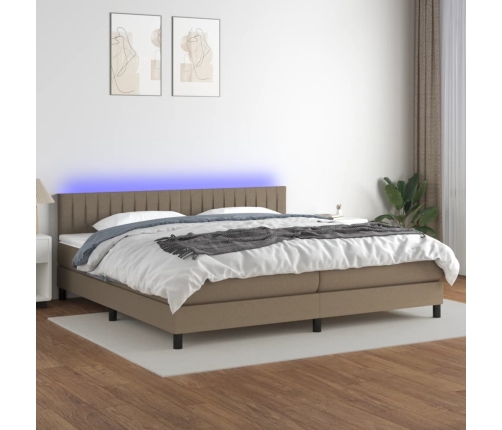 Cama box spring colchón y luces LED tela gris taupe 200x200 cm