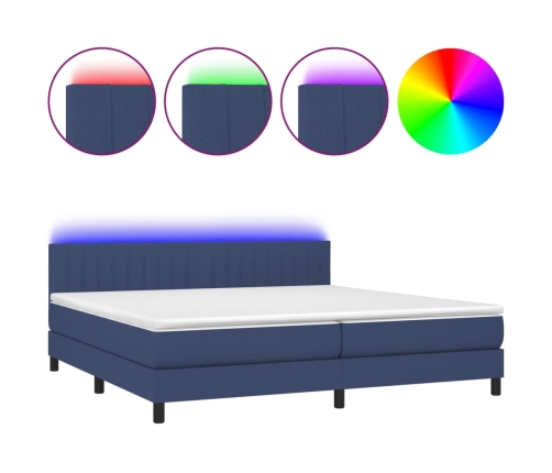 Cama box spring colchón y luces LED tela azul 200x200 cm