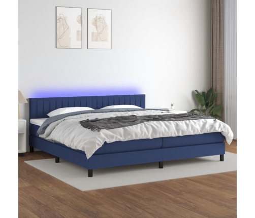 Cama box spring colchón y luces LED tela azul 200x200 cm