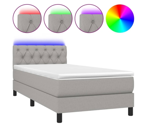 Cama box spring colchón y luces LED tela gris claro 80x200 cm